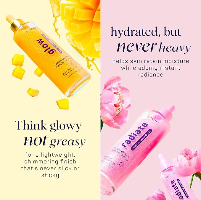 SpaLife Beauty Radiate & Glow Shimmer Oil Bundle – Dry Oil Duo with Subtle & Noticeable Shimmer – Mango & Peony Scents – Hydrating, Lightweight Moisture