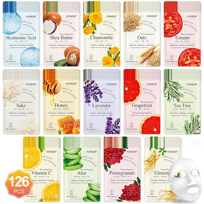 126 Pack Sheet Face Masks Skincare, Bulk Facial Mask Gifts Set for Women Skin Care, Hydrating Face Masks Suitable for All Skin Types, Face Mask Spa for Sensitive Skin