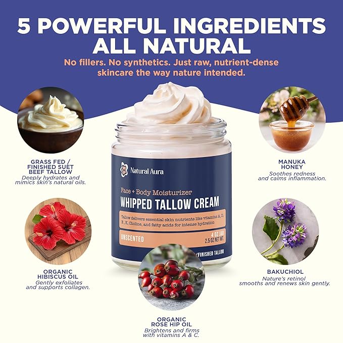 Whipped Beef Tallow for Skin - Face + Body Moisturizer, 100% Grass Fed Grass Finished Tallow and Honey Balm for Sensitive Skin - Natural Lotion - Free of Harsh Chemicals - 4oz, (Unscented)