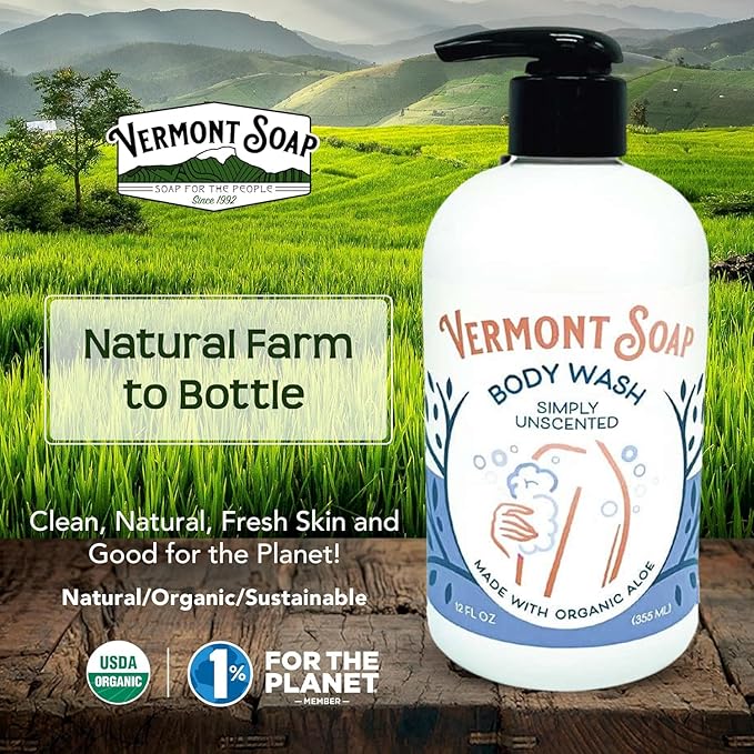 VERMONT SOAP Body Wash, Natural Body Wash with Shea Butter, Mild Gel Body Wash for Moisturizing and Soothing Skin, Fragrance Free Body Wash for Women & Men (Simply Unscented, 12oz)