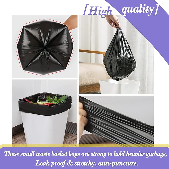 3 Gallon 100pcs Small black Trash Bags(Fit 3-3.2 Gal) Plastic Strong black Garbage Bags,Bathroom Trash Can Bin Liners,Waste Basket Liner,Fit 10-13 Liter, 2.6 Gallon,3 Gallon,3.2Gallon (3-Black100)