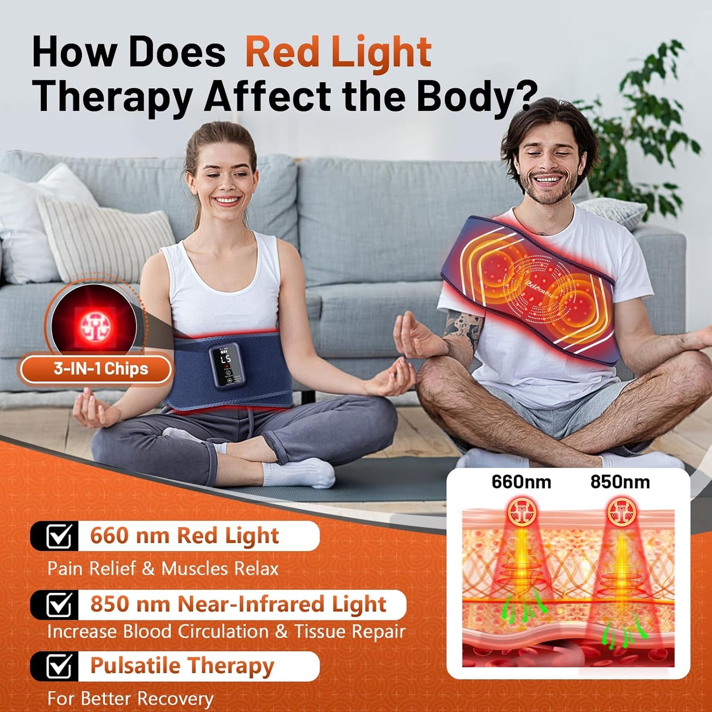 Red Light Therapy Massage Belt with 5 Heating Levels, 3 Vibration Modes, Infrared Light Therapy for Body,Wearable Light Therapy Device with Timer for Back Shoulder Waist Muscle Pain Relief