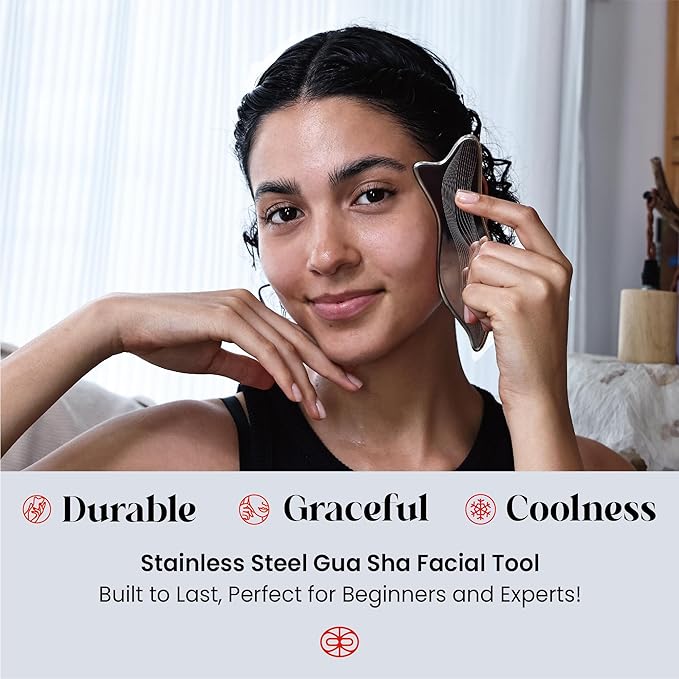 Rena Chris Stainless Steel Gua Sha Facial Tools - Acupressure & Gua Sha for Face Massage, Jawline Sculpting, Puffiness Reduction. Includes Carry Pouch and Cleaning Cloth - Skin Care Gift, Silver