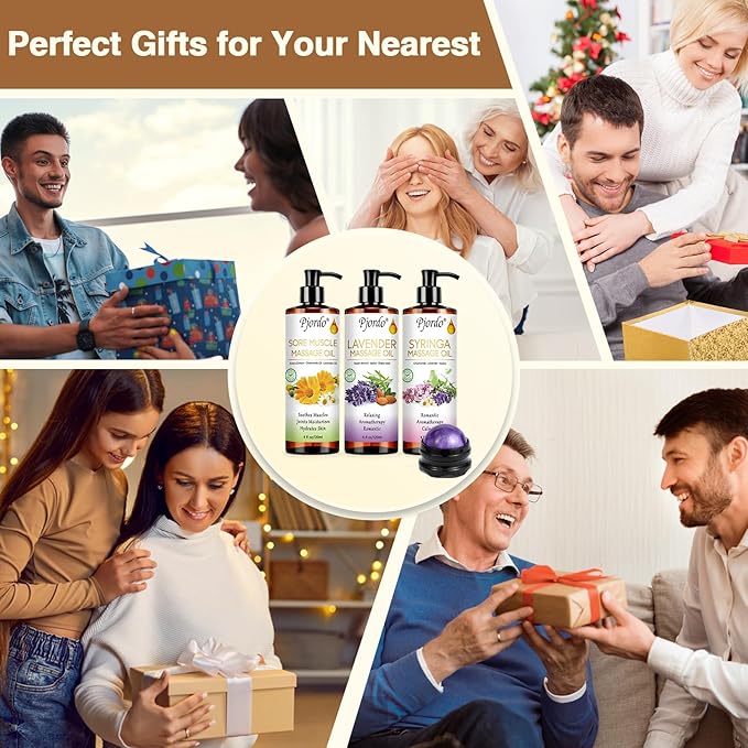 Body Massage Oil for Massage Therapy Kit, Lilac, Lavender, Sore Muscle Arnica Oil with Massage Roller Ball, Relaxing Massage Oils for Pain Relief, Spa Gift Set for Him Her