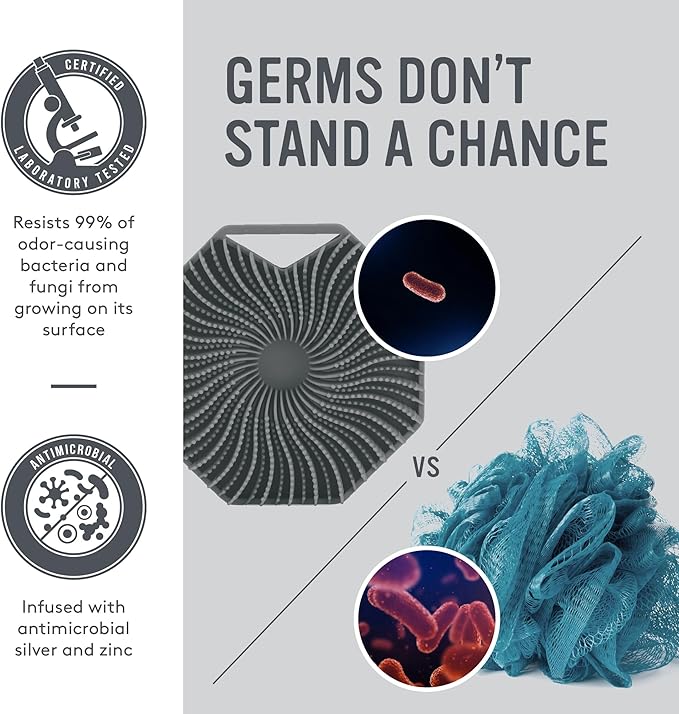 Sud Scrub® Antimicrobial Silicone Body Scrubber, Exfoliating Body Scrubber for Sensitive Skin, Eco Friendly Shower Scrubber for Body, Silicone Body Brush for Showering, Charcoal