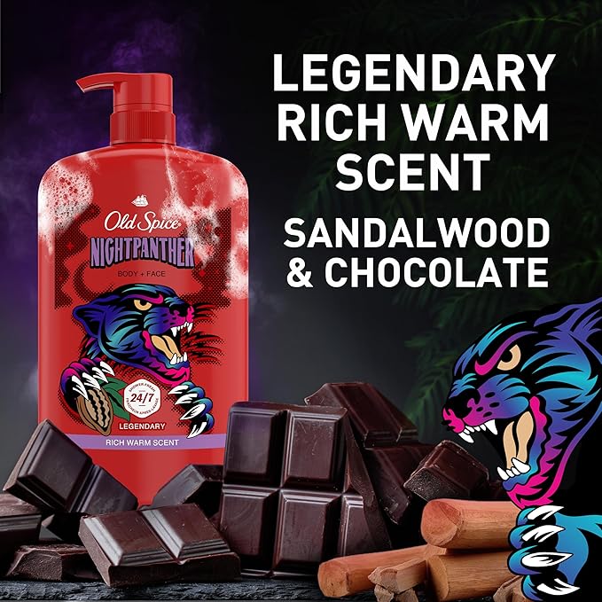 Old Spice Cleansing Body Wash for Men, 3X Defense, 24/7 Shower Fresh with Lasting Scent, 2-in-1 Body & Face Wash, NightPanther with Rich Warm Scent, 33.4 (Pack of 4)