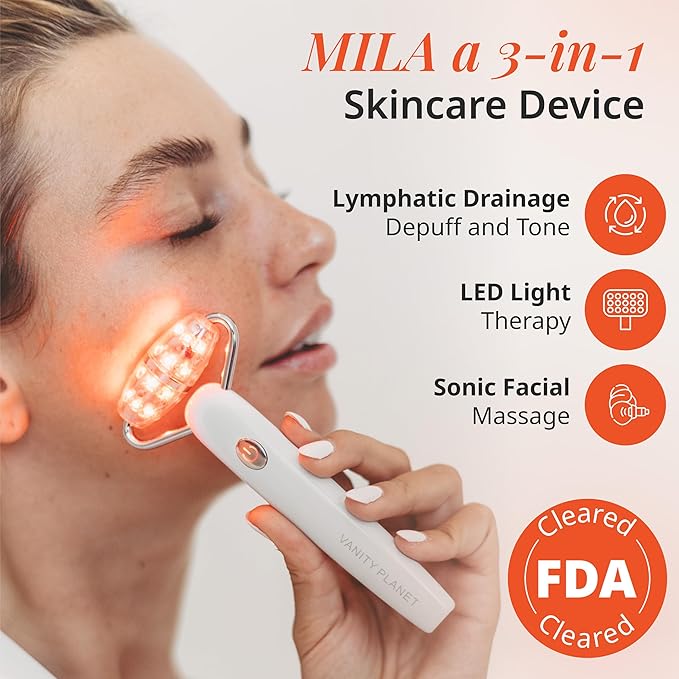 Vanity Planet Mila Contour & Define LED Facial Roller - 3-in-1 Skin Massager with Cooling, Sonic Vibration & Red Light - Ergonomic Anti-Aging Face Tool for Firming & Relaxation