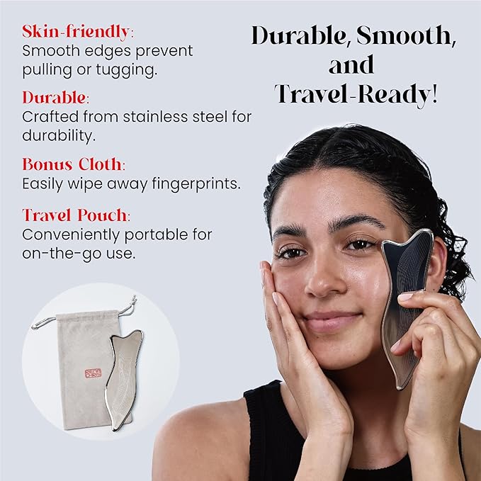 Rena Chris Stainless Steel Gua Sha Facial Tools - Acupressure & Gua Sha for Face Massage, Jawline Sculpting, Puffiness Reduction. Includes Carry Pouch and Cleaning Cloth - Skin Care Gift, Silver
