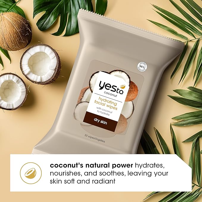 Yes To Face Wipes for Women and Men, Restoring Facial Cleansing Wipes for use as a Make Up Remover, Cleaning, Soothing, Coconut (Pack of 2)