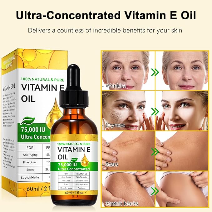 Pure Vitamin E Oil for Scars, Skin and Face, Vitamin E Oil 75,000 IU, O rganic Gua Sha Massage Body Oil for Moisturizing Dry Skin, Reduce Fine Lines, Fade Scars and Stretch Marks | Non-GMO, 60ml