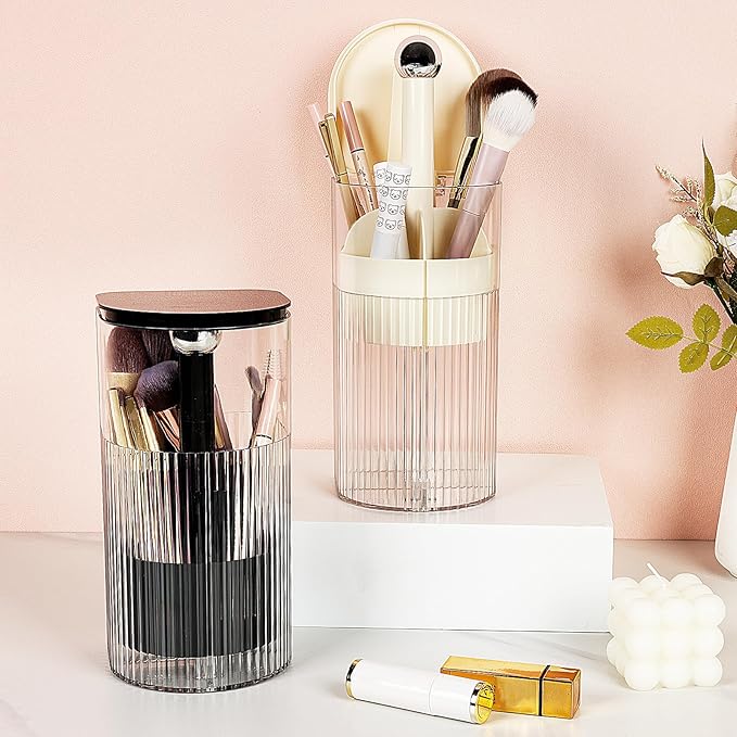 JessLab One-Touch Pop-Up Makeup Brush Organizer with Lid, Dustproof Cosmetic Brush Holder, 4-Compartment Large Capacity for Vanity, Bathroom Countertop, Black