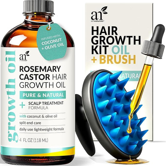 ArtNaturals Organic Rosemary & Castor Hair Growth Oil + Scalp Massager Set – Hair Relaxer for Dry, Itchy Scalp, Thickening & Hydration - Scalp Oil Products For Damaged Hair & Split Ends – 4.0 oz
