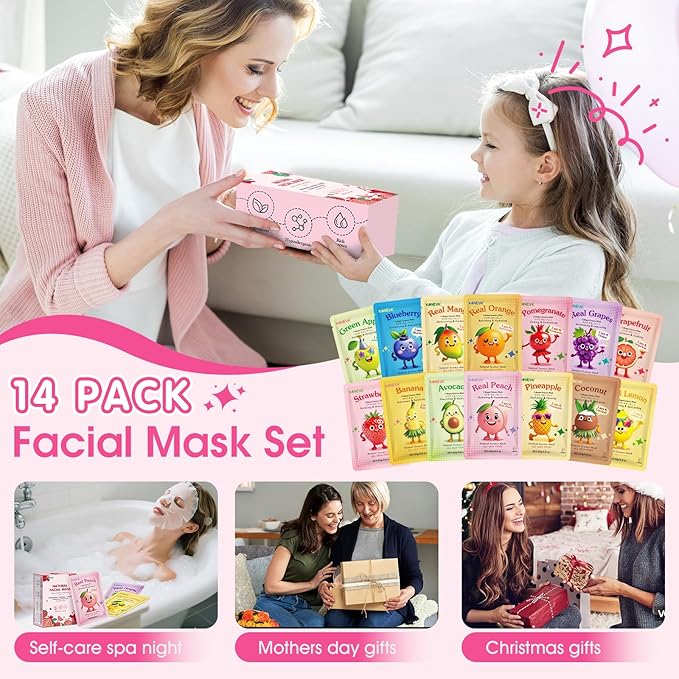 14 Pack Fruit Face Masks Skincare for Kids, Sheet Hydrating Facial Mask for All Skin Types, Bulk Collagen Face Mask for Women Skin Care, Birthday Party Spa Gifts for Teens Girls