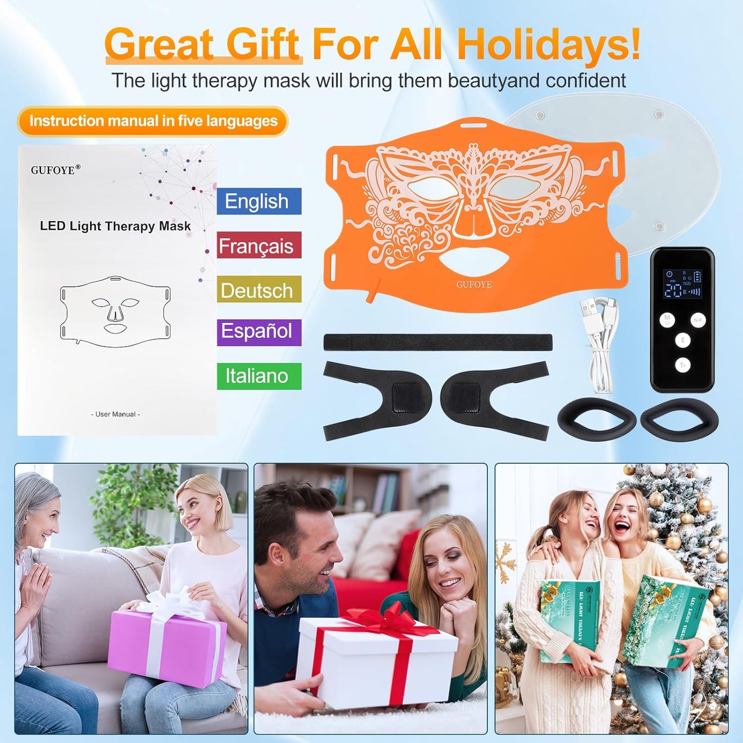 Red Light Therapy for Face with Ice Compress, 850nm Infrared Red Light Therapy, 8 Light Modes Led Face Mask Light Therapy, 4 in 1 lamp beads, 3000mAh, Facial light therapy devices for Home, Orange