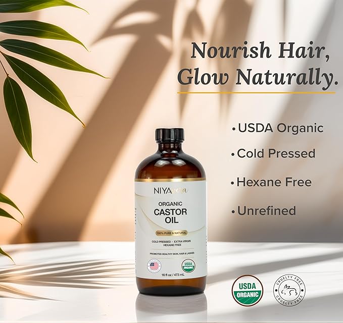 Niyavera 16oz Pure Castor Oil Organic Cold Pressed Unrefined, Hexane Free,Natural - Glass Bottle with Pump, USDA Certified, Golden Castor oil for Skin, Hair, Lashes, Nails & More