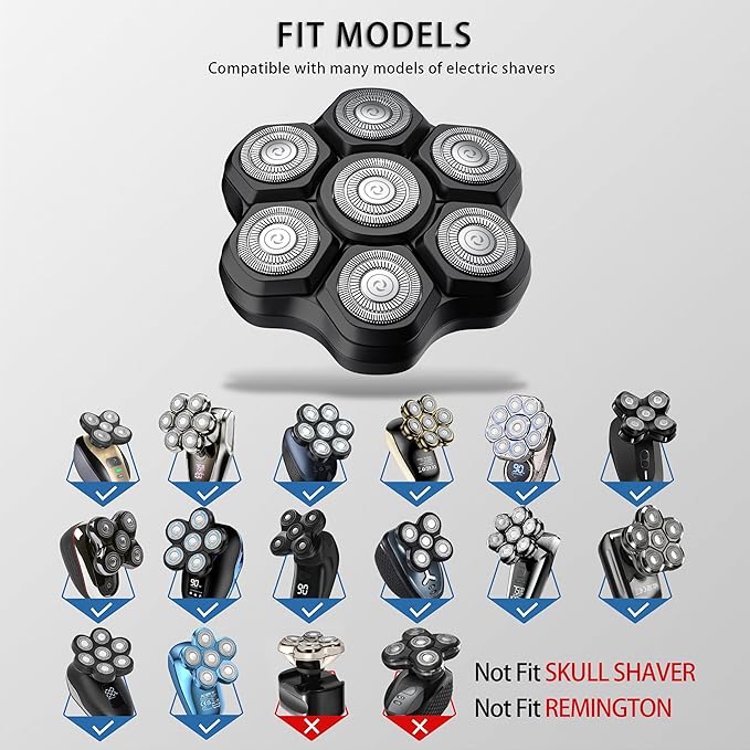 Magnetic Head Shaver Replacement Heads 7 Double Ring Waterproof Rotary Razor Blades for Bald Men Compatible with freebird wyklaus shpavver (black)