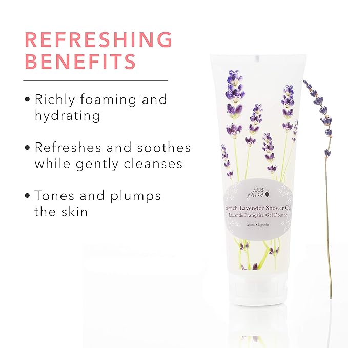 100% PURE French Lavender Shower Gel Natural Foaming & Hydrating Body Wash - Deeply Moisturizing Gentle Soap Cleanser for All Skin Types, Even Sensitive - Gluten-Free - 8 Fl Oz
