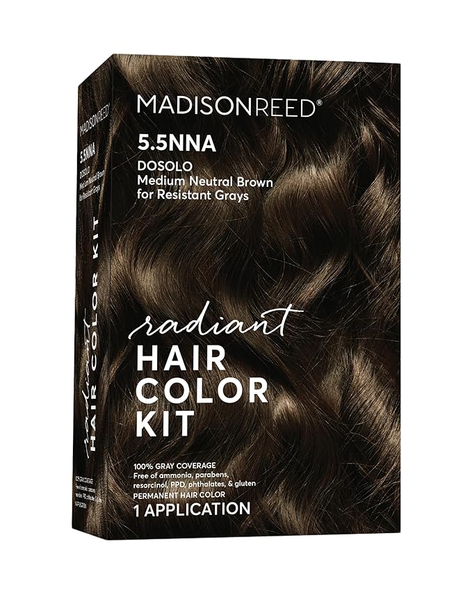 Madison Reed Radiant Hair Color Kit | 5.5NNA Dark Neutral Brown (Dosolo) 100% Maximum Gray Hair Coverage | Salon-Quality Permanent Hair Dye for Resistant Grays | PPD-Free & Ammonia-Free |1 Pack
