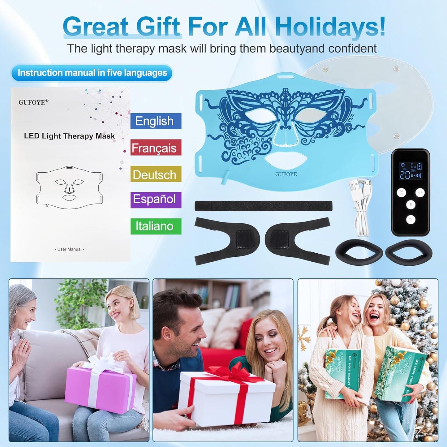 Red Light Therapy for Face with Ice Compress, 850nm Infrared Red Light Therapy, 8 Light Modes Led Face Mask Light Therapy, 4 in 1 lamp beads, 3000mAh, Facial light therapy devices for Home, Blue