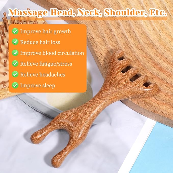 1 Pc Double-Ended Wood Scalp Massager, Meridian Massage Combs Head Massage Tool, Wooden Back Scratcher Gua Sha Facial Tools for Deep Relaxation & Stress Reduction