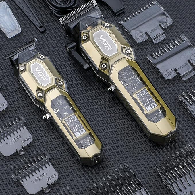 VGR Professional Hair Clippers for Men, Cordless Barber Clippers and Trimmers Set, Mens Hair Cutting Kit with 10 Guide Combs, USB Rechargeable Haircut Machine for Family, LED Display, Gold