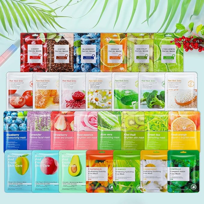 120 Pcs Assorted Combo Collagen Essence Face Masks Skincare Moisturizing Sheet Masks Bulk Hydrating Soothing Facial Mask for Most Skin Types Women Girls Gift Home Spa Travel