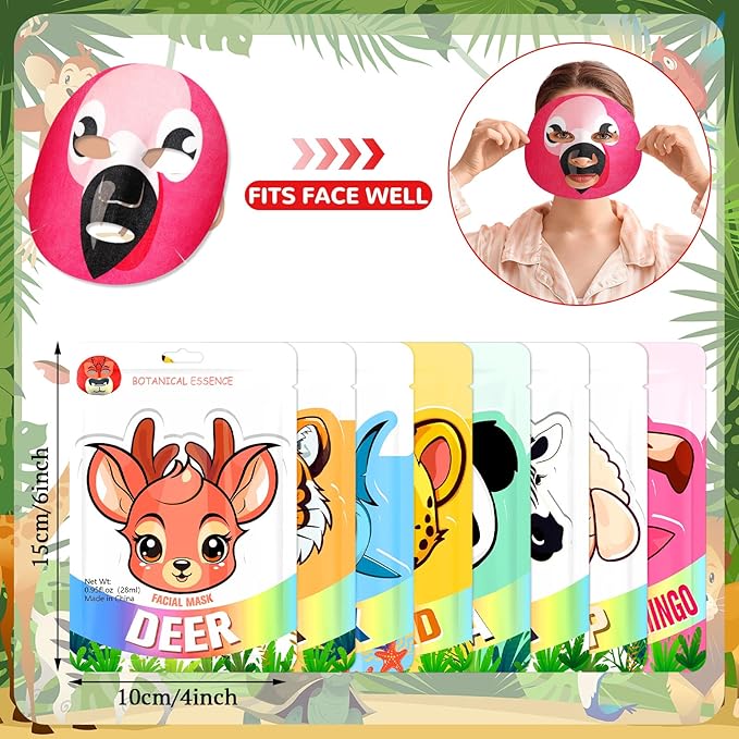 24 Pcs Animal Face Masks Bulk Spa Sheet Skincare Facial Mask Funny Face Skin Care for Women Girls Sleepover Slumber Party
