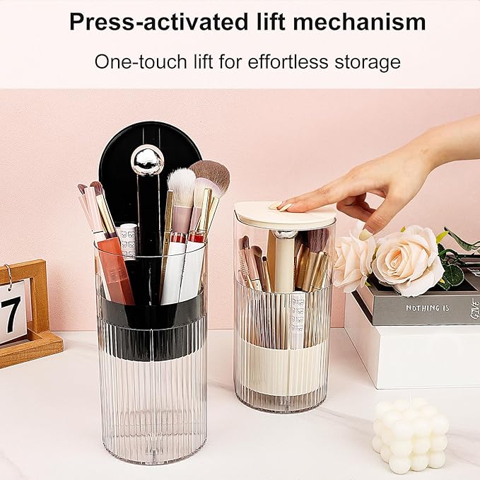 JessLab One-Touch Pop-Up Makeup Brush Organizer with Lid, Dustproof Cosmetic Brush Holder, 4-Compartment Large Capacity for Vanity, Bathroom Countertop, Black