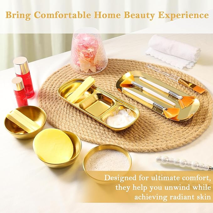 23 Pcs Esthetician Supplies 3 Stainless Steel Gold Mixing Bowls Gold Small Serving Tray 3 Compartment Serving Tray 3 Facial Fan Brushes 3 Face Mask Applicator Brush 12 Facial Sponge Compressed Round