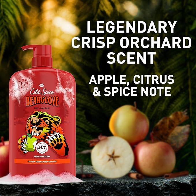 Old Spice Cleansing Body Wash for Men, 3X Defense, 24/7 Shower Fresh with Lasting Scent, 2-in-1 Body & Face Wash, Bearglove with Crisp Orchard Scent, 33.4 (Pack of 4)