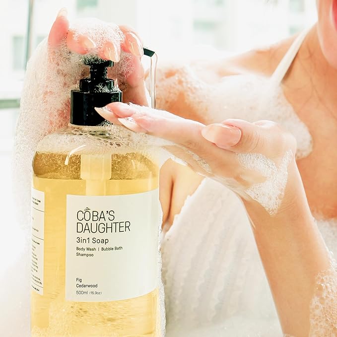 COBA'S DAUGHTER | 3in1 Bubble Bath, Body Wash & Hand Wash for Men and Women | Nourishing Fig & Cedarwood Scent Liquid Soap with Inulin & Seaweed Extract | Cleanses, Softens & Conditions Skin (16.9oz)