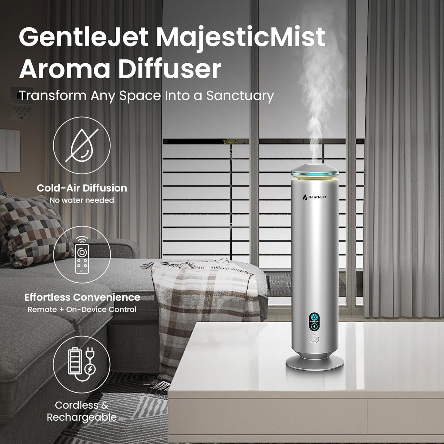 MajesticMist Rechargeable - Aluminum Waterless Essential Oil Diffuser with Wireless Charging, Quiet Aroma Diffuser, Scent Diffusers for Home, Room & Hotel, Remote Control, USB-C, 1000sq.ft