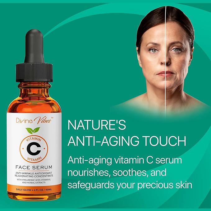 100% Pure Vitamin C Serum for Face - Face Serum for Fine Lines with Hyaluronic Acid, Vitamin E, Herbal Antioxidant Extracts - Smooth, Tight, Firm, Youthful Skin, 2 FL Oz