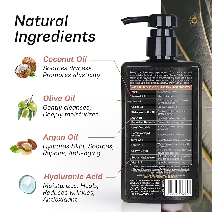 AUTHENTIC BATH & SOAP Organic Argan Oil Moisturizing Mens Body Wash – Moroccan Oil Shower Oil with Vitamin E & Hyaluronic Acid | Sulfate & Paraben Free | Cruelty-Free & Vegan | 16.9 Fl Oz