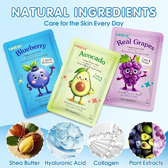28 Pack Fruit Face Masks Skincare for Kids Girls, Sheet Collagen Face Mask for Women Skin Care, Bulk Hydrating Facial Mask for All Skin Types, Christmas Birthday Party Spa Gifts for Teens