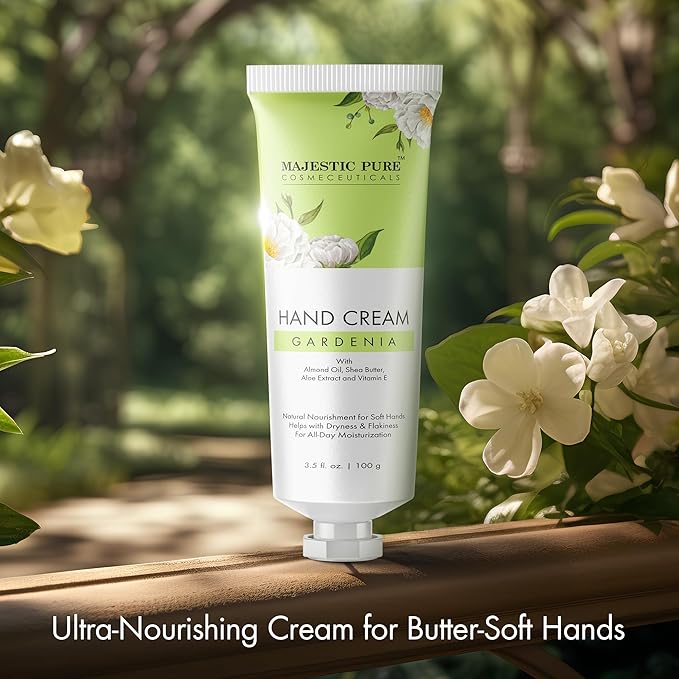 Majestic Pure, Gardenia Hand Cream | 100% Pure & Natural | Helps in Nourishment and Soft Hands | Almond Oil, Aloe Vera Extract, Shea Butter | 3.5 Fl Oz