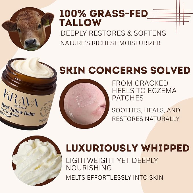 Whipped 100% Grass Fed Beef Tallow Balm – Unscented – 2 oz | Moisturizing Face & Body Cream | Natural Skincare for Dry, Sensitive Skin | Includes Bamboo Scoop