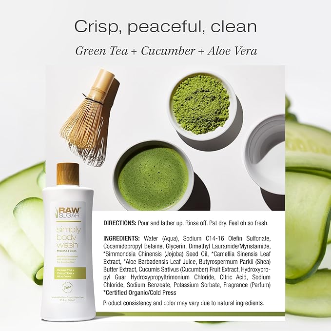 RAW SUGAR Simply Body Wash, (25 Fl Oz, Pack of 1) Bath Soap, Formulated without Sulfates & Parabens (Green Tea + Cucumber + Aloe Vera)