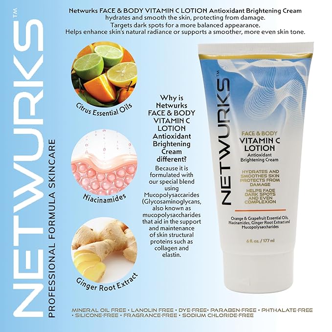 Vitamin C Lotion, Antioxident Cream for Face & Body, Smoothes & Hydrates Skin, Helps Reduce Blemishes, Fine Lines, & Wrinkles, 6 Fl Oz