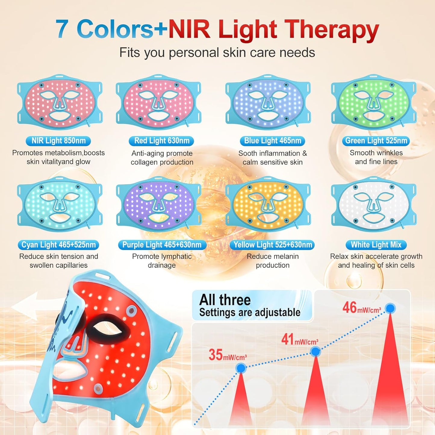 Red Light Therapy for Face with Ice Compress, 850nm Infrared Red Light Therapy, 8 Light Modes Led Face Mask Light Therapy, 4 in 1 lamp beads, 3000mAh, Facial light therapy devices for Home, Blue