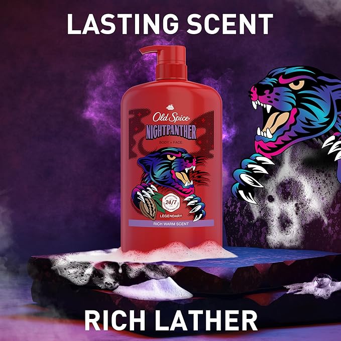Old Spice Cleansing Body Wash for Men, 3X Defense, 24/7 Shower Fresh with Lasting Scent, 2-in-1 Body & Face Wash, NightPanther with Rich Warm Scent, 33.4 (Pack of 4)