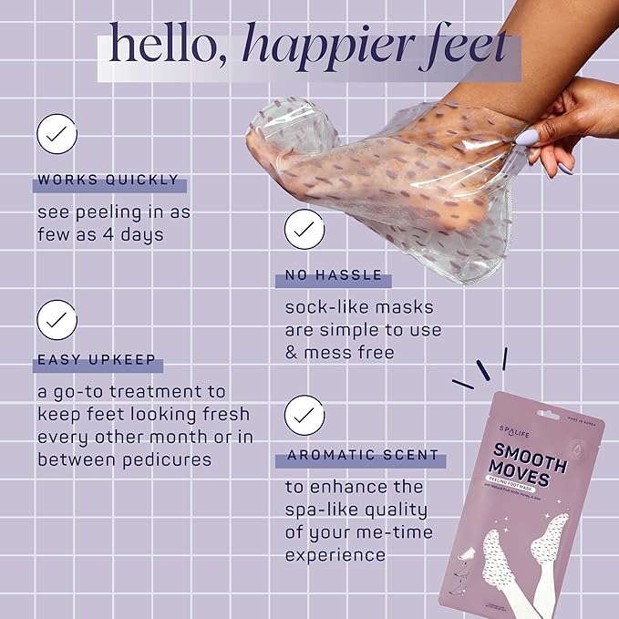 SpaLife Beauty Smooth Moves Peeling Foot Masks for Callus Removal – Foot Peel for Dry, Cracked Feet – Made with Natural Fruit Acids AHAs, Honey, Aloe, & Eucalyptus for Softer, Smoother Feet – 8 Pack