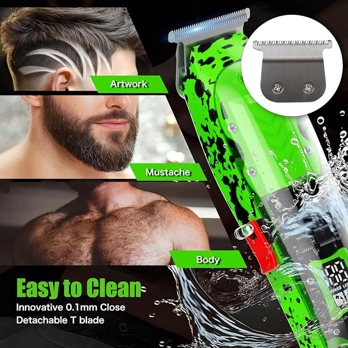 Professional Hair Clippers for Men, Cordless Barber kit for Hair Cutting & Grooming, Green Hair Clippers and Trimmer Set for Barber Haircut with LED Display, 8 Fade Taper Combs