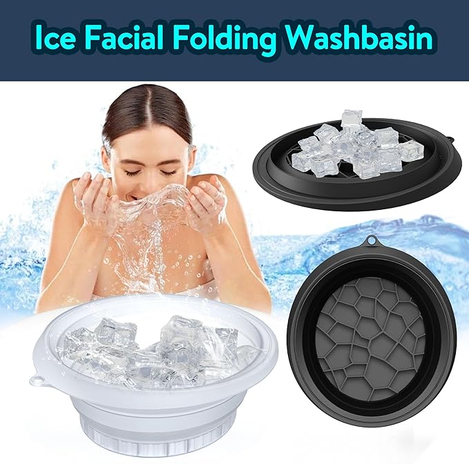 Silicone Face Bowl for Ice with Built-in Icetray,Ice Facial Folding Washbasin,Foldable Face Ice Bath Bowl,Skin Tightening, Acne Relief Facial Plunge Bowl for Home & Travel (Black)