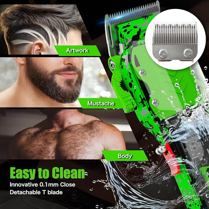 Professional Hair Clippers for Men, Cordless Barber kit for Hair Cutting & Grooming, Green Hair Clippers Set for Barber Haircut with LED Display 8 Fade Taper Combs