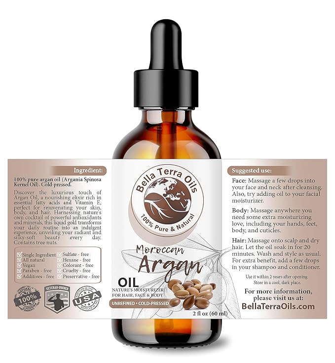Bella Terra Oils - Argan Oil 2oz - Nature's Hair Oil for Frizzy Hair, Packed with Vitamin E & Omega Fats, Best Serum for Radiant Skin