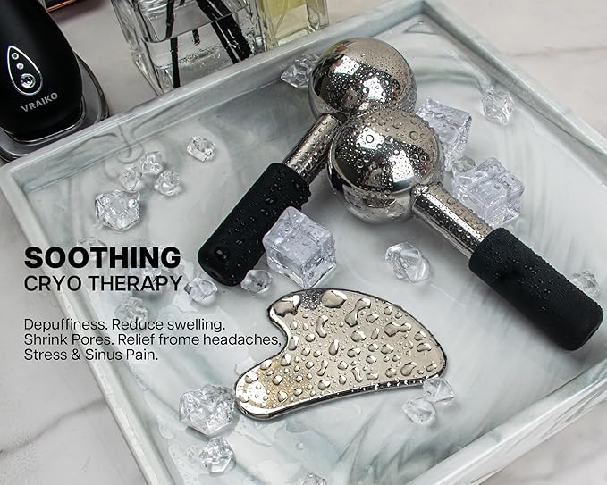 ICE Globes for Facials & Gua Sha Set, Gua Sha Facial Tools and Cryo Sticks with Unbreakable Steel, Face Massager Cooling Rollers for Dark Circles, Puffiness and Lymphatic Drainage (Black)