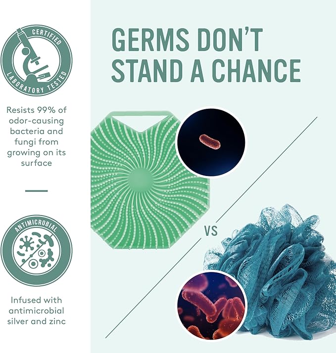 Sud Scrub® Antimicrobial Silicone Body Scrubber, Exfoliating Body Scrubber for Sensitive Skin, Eco Friendly Shower Scrubber for Body, Silicone Body Brush for Showering, Mint