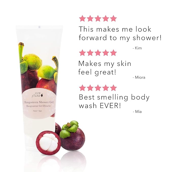 100% PURE Mangosteen Shower Gel Natural Foaming & Hydrating Body Wash - Deeply Moisturizing Gentle Soap Cleanser for All Skin Types, Even Sensitive - Gluten-Free - 8 Fl Oz