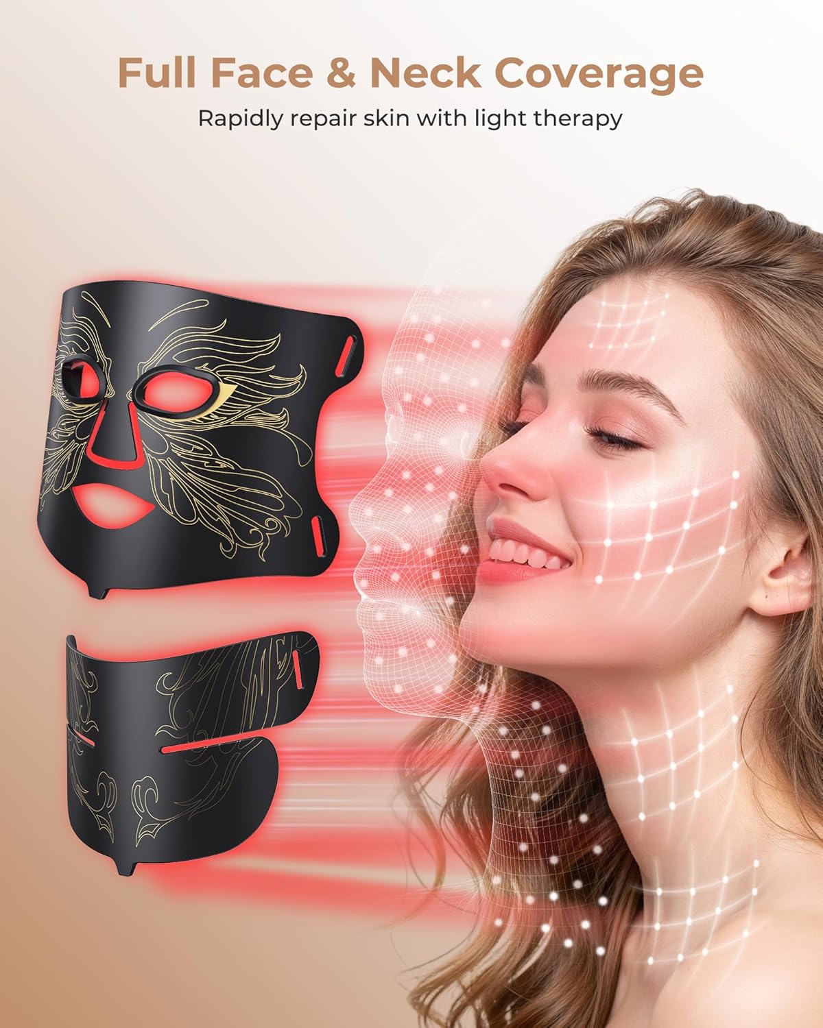 LED Light Therapy mask (E106A) Red Light Therapy for Face and Neck, 7-in-1 Colors Led Face Mask Light Therapy with 324 LED Beads, 5 Brightness Levels & 20 Mins Timer Function for Home & Travel
